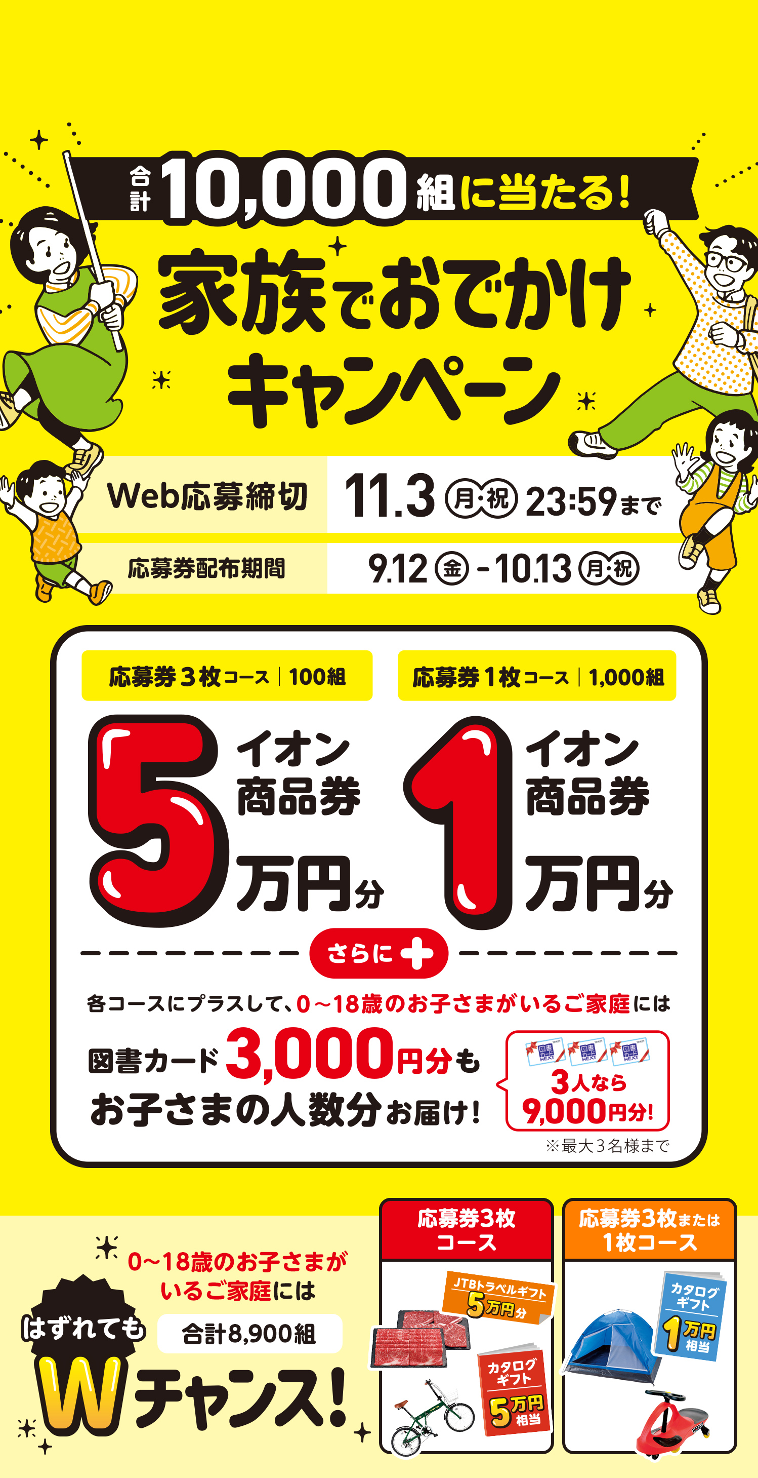 合計10,000組に当たる！家族でおでかけキャンペーン　Web応募締切:11月03日（日）23時59分まで 応募券配布期間:9月12日（金）から10月13日（月・祝）まで　応募券3枚コース|100組:イオン商品券5万円　応募券1枚コース|1,000組:イオン商品券1万円　さらに0〜18歳のお子さまがいらっしゃるご家庭には図書カード3,000円✖️お子さまの人数分お届け※最大3名様まで　はずれてもWチャンス|合計8,900組