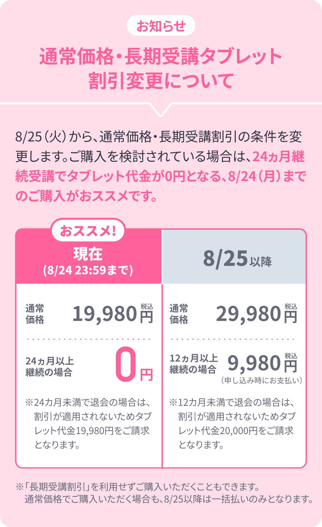 おしらせ 通常価格・長期受講タブレット割引変更について 8/25（火）から、通常価格・長期受講割引の条件を変更します。ご購入を検討されている場合は、24ヶ月継続受講でタブレット代金が0円となる、8/24（月）までのご購入がおすすめです。